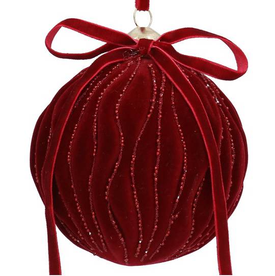 INDENT - Pack 12, Glass Ball Large Burgundy Flock, Wavy 10cm